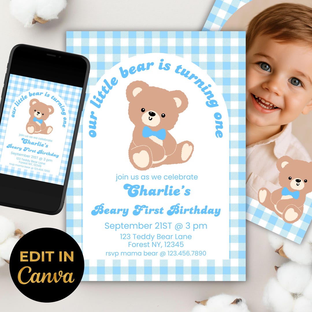 Teddy Bear Birthday Invitation Beary First Blue Gingham Party Invite ...
