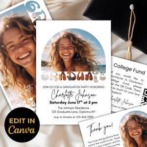 May include: Graduation party invitations featuring a smiling woman's photo, with the word "GRADUATE" in a retro font. The invitation includes event details: date, time, location, and RSVP information. Additional cards include a college fund request and a thank you note.
