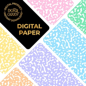 Könnte beinhalten: Ein digitales Papierdesign mit einem sich wiederholenden Muster aus abstrakten Formen in Pastellfarben, darunter Rosa, Blau, Grün, Gelb und Orange. Das Design ist vor einem weißen Hintergrund angeordnet. Die Worte "DIGITAL PAPER" sind in Goldbuchstaben dargestellt.