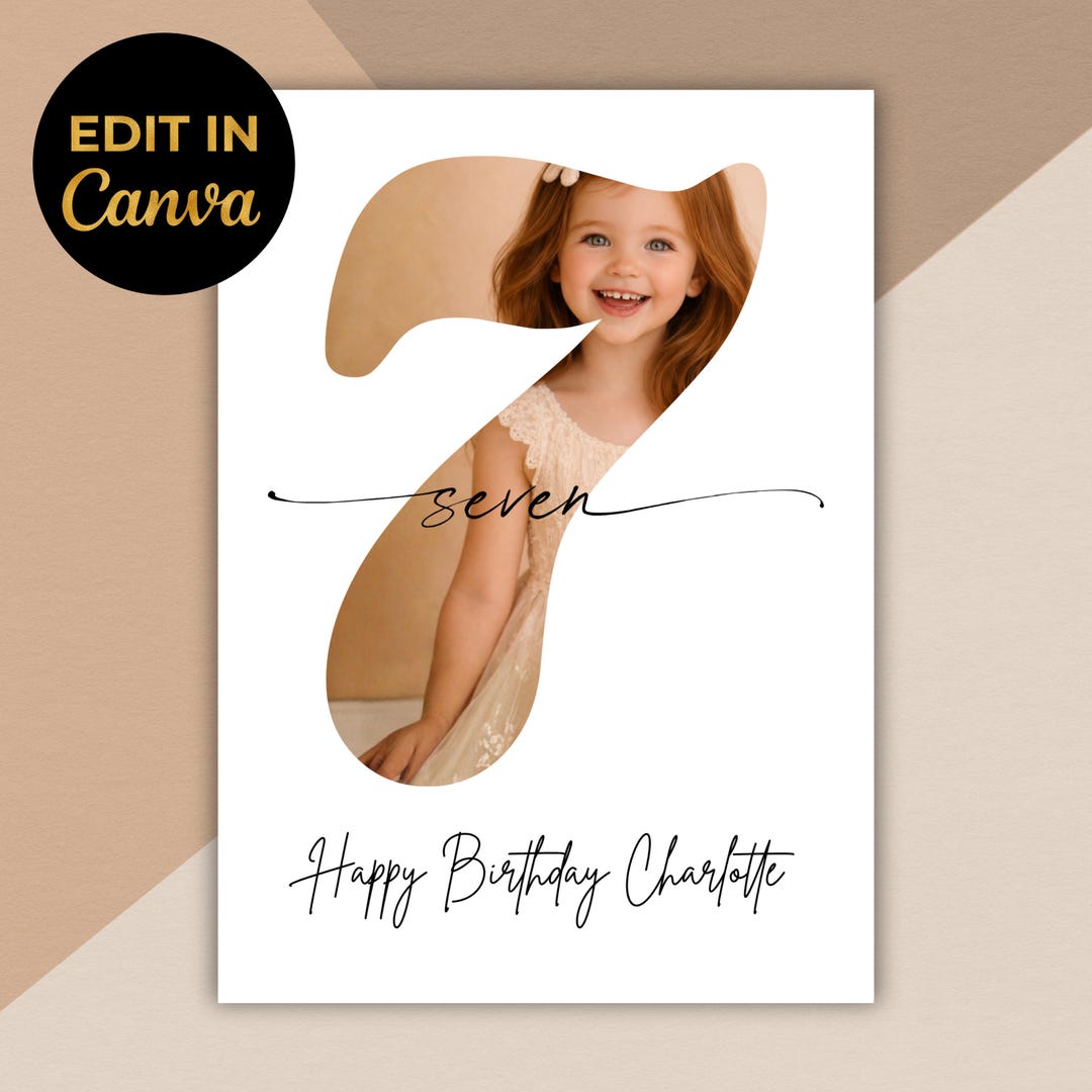 Personalized Seventh Birthday Card Editable 7th Photo Greeting Card ...