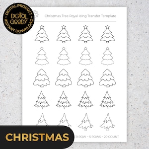 Puede incluir: Una hoja blanca con contornos negros de árboles de Navidad en varios estilos. La hoja está etiquetada como "Christmas Tree Royal Icing Transfer Template" e incluye la palabra "Christmas" en la parte inferior.