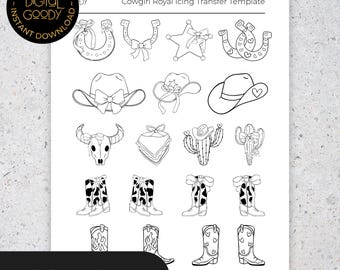 Puede incluir: Una plantilla de transferencia de glaseado real de vaquera en blanco y negro con varios diseños temáticos de vaqueros. La plantilla incluye imágenes de sombreros de vaquero, botas, herraduras y una calavera de toro. También se ven las palabras "DIGITAL GOODY" y "COWGIRL".