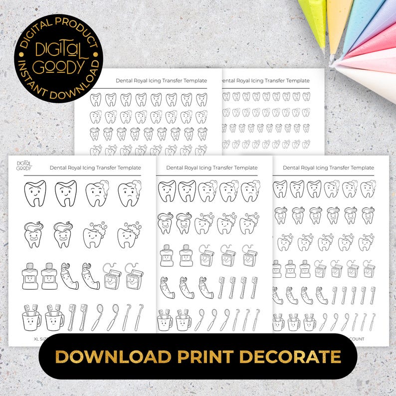 Tooth Royal Icing Transfer Sheets Printable Dental Dentist Template ...