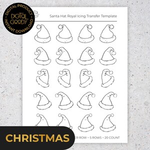 May include: A white sheet with a grid of Santa hat templates for royal icing. The hats are outlined in black, with a fluffy white brim and a pom-pom. Text at the top reads "Santa Hat Royal Icing Transfer Template". The word "CHRISTMAS" is at the bottom.