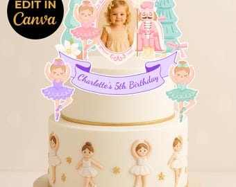 Nutcracker Birthday Cake Topper Editable Canva Template Whimsical Pastel Sugar Plum Fairy Ballerina Printable Party Decor PNB1