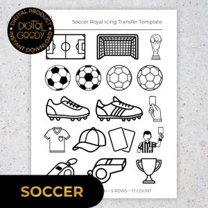 Peut inclure: Gabarit de transfert sur le thème du football en noir et blanc avec des icônes de ballons, de chaussures, d'un but, d'un trophée et d'un arbitre. Le texte "SOCCER" est en bas. Conçu pour le téléchargement numérique.