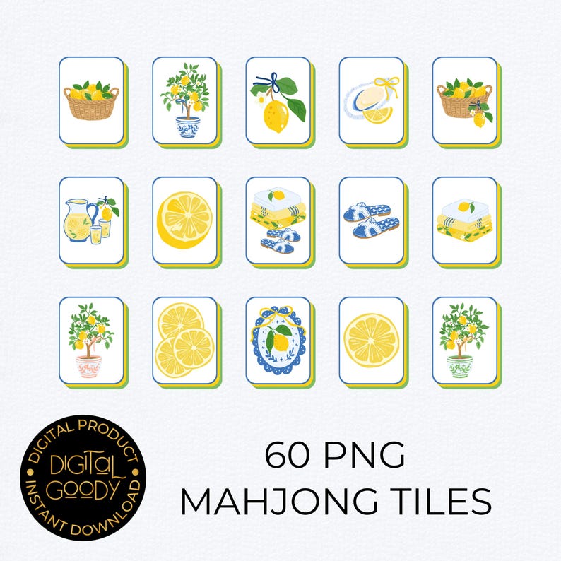 May include: A collection of 60 PNG Mahjong tiles with lemon-themed illustrations. The tiles feature images of lemons, lemon trees, and related objects in a variety of styles, with a digital product logo in the bottom left corner.