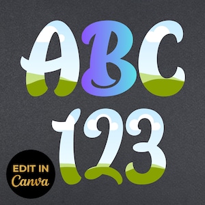 May include: A graphic design featuring the letters "ABC" and numbers "123" in a whimsical font. The letters and numbers are filled with a landscape design of green hills, blue sky, and white clouds. The words "EDIT IN Canva" are in a black circle.