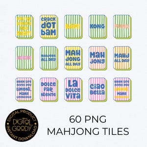 May include: A collection of 60 PNG Mahjong tiles with various phrases and words in a colorful, retro style. Each tile features a unique design with text like "Crack Dot Bam" and "Mahjong All Day" in a playful font.
