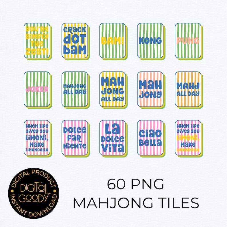May include: A collection of 60 PNG Mahjong tiles with various phrases and words in a colorful, retro style. Each tile features a unique design with text like "Crack Dot Bam" and "Mahjong All Day" in a playful font.