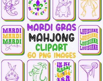 Mardi Gras Mahjong Clipart Set Mahjongg Tiles PNG Clip Art Transparent Background Purple Green Yellow Classroom Crafts Sublimation