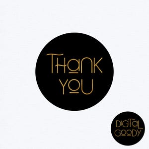 May include: A black circular sticker with the words "Thank You" in gold, stylized lettering. A smaller sticker with the text "DIGITAL GOODY" is in the lower right corner. The background is white.