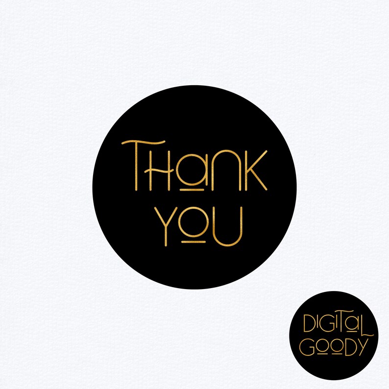May include: A black circular sticker with the words "Thank You" in gold, stylized lettering. A smaller sticker with the text "DIGITAL GOODY" is in the lower right corner. The background is white.