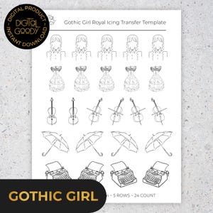 Peut inclure: Gabarit de transfert de glaçage royal Gothic Girl en noir et blanc. Le gabarit comprend des illustrations de filles, de robes, de violons, de parapluies et de machines à écrire. Le texte "GOTHIC GIRL" est affiché en bas.