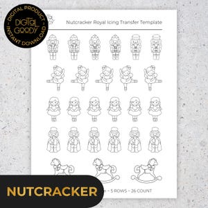 Op de afbeelding: Een wit vel met een Nutcracker Royal Icing Transfer sjabloon. Het sjabloon toont omtrekbeelden van notenkrakers, ballerina's, meisjes, heren en schommelpaarden. De tekst "NUTCRACKER" staat onderaan.