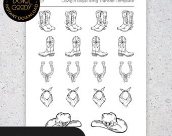 Puede incluir: Una plantilla en blanco y negro con diseños temáticos de vaquera. La plantilla incluye ilustraciones de botas de vaquero, herraduras, pañuelos y sombreros de vaquero. También se ve el texto "DIGITAL GOODY" y "COWGIRL".