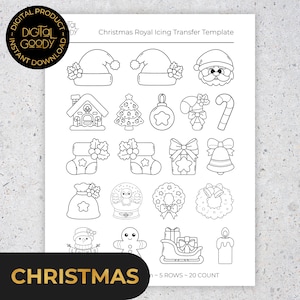 May include: A black and white Christmas Royal Icing Transfer Template featuring festive designs. Includes Santa hats, a gingerbread house, Christmas tree, baubles, stockings, bows, bells, snow globe, wreath, snowman, gingerbread man, sleigh, and candle.