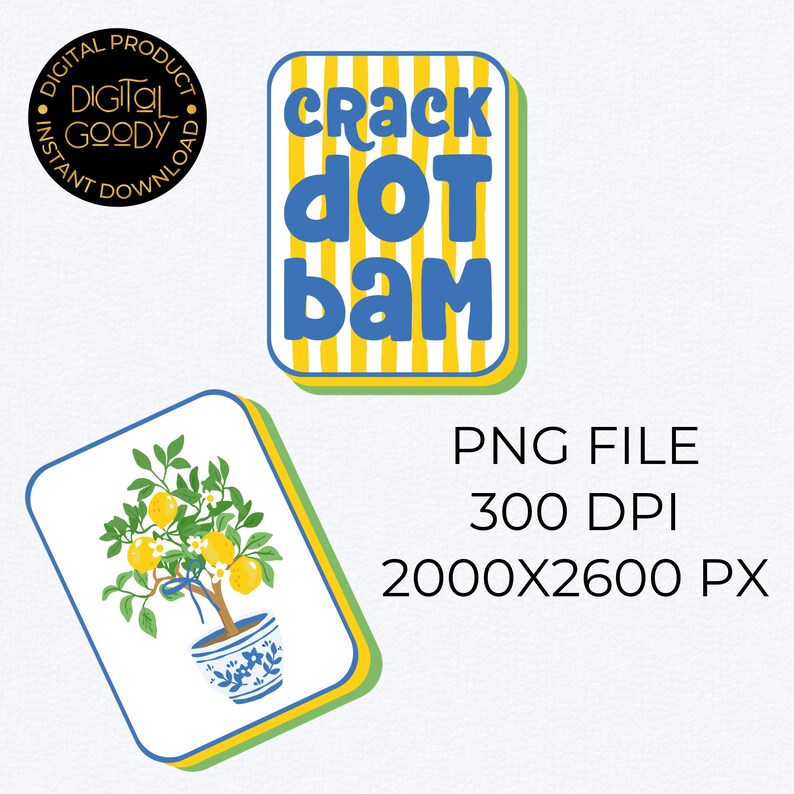 May include: Digital download graphic featuring a lemon tree in a blue and white pot, and a rectangular design with the text "Crack Dot Bam" in blue and yellow. Includes a digital product logo.