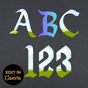 Puede incluir: Letras y números decorativos con un diseño de paisaje. Las letras A, B y C se muestran encima de los números 1, 2 y 3. Las letras y los números son blancos con un diseño de paisaje de colinas verdes, cielo azul y nubes blancas. Las palabras "EDIT IN Canva" están en un círculo negro.