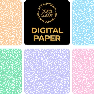 Könnte beinhalten: Eine Sammlung von digitalem Papier mit fünf verschiedenen Pastellfarben, darunter Pfirsich, Hellblau, Mintgrün, Lavendel und Rosa. Jedes Quadrat zeigt eine weiße, organisch gesprenkelte Textur. Ein schwarzes Quadrat enthält den Text DIGITAL PAPER.