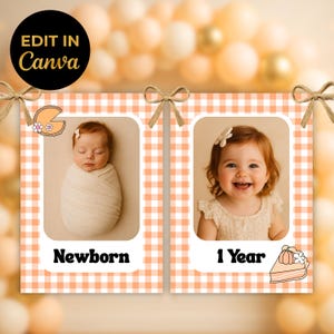 Cutie Pie Pumpkin Milestone Banner Editable Canva Template Autumn Thanksgiving Printable First Birthday Gingham Baby Photo Garland CPB1