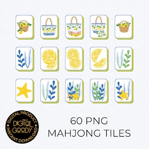 May include: A collection of 60 PNG Mahjong tiles with a summer theme. The tiles feature illustrations of lemons, tote bags, starfish, and foliage in yellow, blue, and green. The image includes a Digital Goody logo.