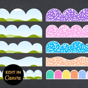 May include: A collection of colorful, decorative border designs. The designs include cloud-like shapes with green hills, and textured patterns in purple, pink, blue, orange, and other colors. The text "EDIT IN Canva" is visible in a black circle.