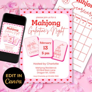 Mahjong Valentine Party Invitation Template Pink Red Galentine Mahjong Tile Invite Edit in Canva 5x7 Bonus Thank You Card Mahjongg Scorecard
