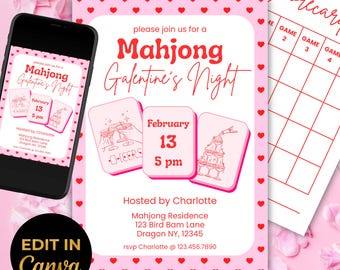 Mahjong Valentine Party Invitation Template Pink Red Galentine Mahjong Tile Invite Edit in Canva 5x7 Bonus Thank You Card Mahjongg Scorecard
