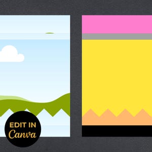 May include: Two rectangular graphic panels. The left panel features a light blue sky with a white cloud and green rolling hills with a jagged bottom edge. The right panel resembles a yellow pencil with a pink eraser, gray band, and black tip.