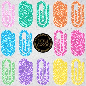 May include: A collection of colourful paper clip shapes and solid oval shapes featuring a white speckled pattern. The colours include pink, teal, orange, blue, magenta, green, purple, and yellow. A black circular logo reads DIGITAL PRODUCT DIGITAL GOODY INSTANT DOWNLOAD.