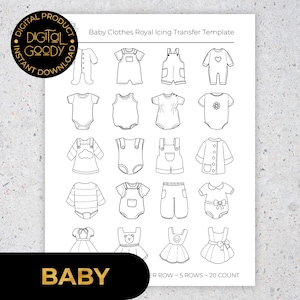 Puede incluir: Una plantilla en blanco y negro con varios diseños de ropa de bebé, incluyendo bodies, petos y vestidos. La plantilla incluye el texto "Baby Clothes Royal Icing Transfer Template" y la palabra "BABY".