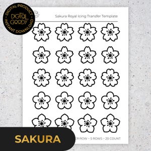 以下が含まれることがあります： ロイヤルアイシング用の黒い桜の花のテンプレートのグリッドが描かれた白いシート。テキスト「Sakura Royal Icing Transfer Template」と「SAKURA」が表示されています。画像には「DIGITAL GOODY」のロゴも含まれています。