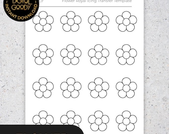 Op de afbeelding: Een witte papieren sjabloon met zestien zwarte bloemcontouren in een raster. De tekst "Flower Royal Icing Transfer Template" staat bovenaan. Het woord "FLOWER" staat onderaan. Digitale product download.