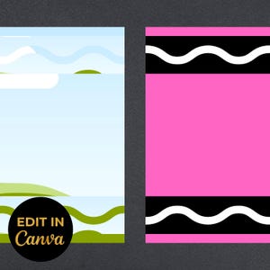 May include: Two rectangular graphic designs. The left design features a light blue sky with white clouds and green rolling hills. The right design displays a bright pink center panel bordered by two black horizontal stripes with white wavy lines.