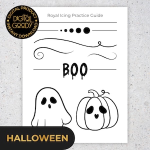 May include: A white Royal Icing Practice Guide sheet featuring black line art for piping practice. It includes horizontal lines, dots, swirls, the text BOO in a dripping font, a ghost illustration, and a pumpkin illustration with a face.