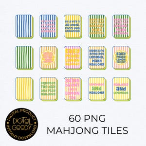 May include: A collection of 60 PNG Mahjong tiles with various designs. Some tiles feature vertical stripes in blue, green, and yellow. Other tiles have phrases like "Easy Peasy Lemon Squeezy" and "When life gives you lemons, make Mahjong."