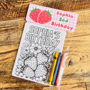 Strawberry Party Favors, mini coloring pages with crayons, kids party,birthday party