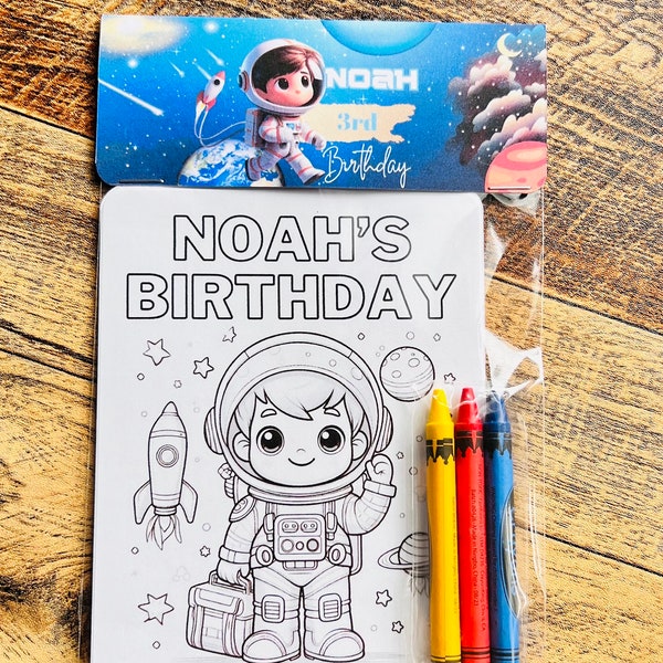 Astronaut party Favors, coloring pages with crayons, kids party, rocket.