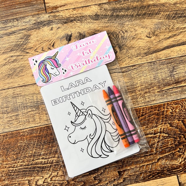 Unicorn Party Favors, mini coloring pages with crayons, kids party