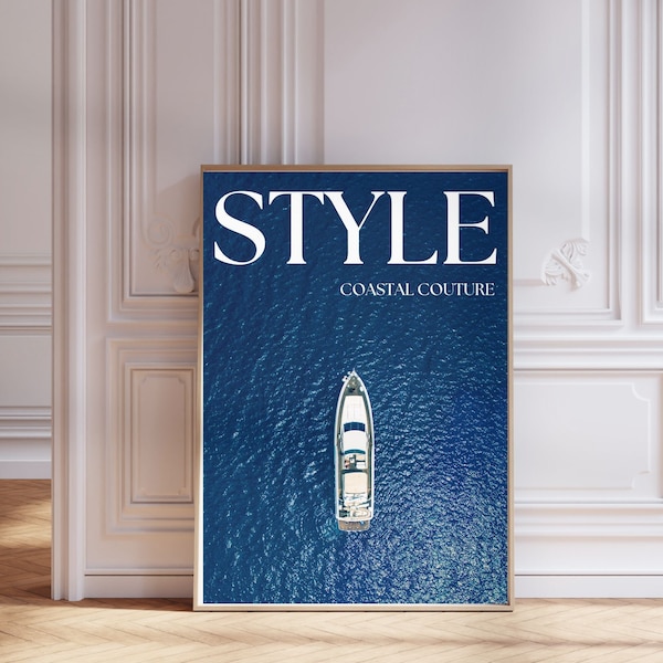 Trendy fashion magazine cover print, Blue wall art, Retro vintage fashion poster, Luxury yacht print, Luxury fashion print,DIGITAL DOWNLOAD