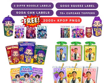 May include: A KPOP Mega Bundle graphic with various labels and PNGs. Includes 3 noodle labels, a GoGo Squeez label, soda can labels, and over 70 cupcake toppers. The image also features the text "FREE! 2000+ KPOP PNGS."