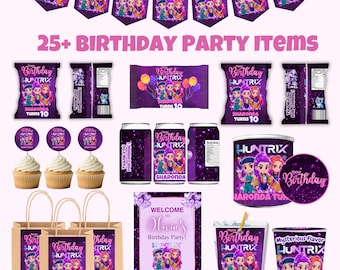May include: A collection of purple birthday party supplies featuring the text "HUNTRIX" and "Sharonda Turns 10." Items include banners, snack bags, cupcake toppers, cups, and a welcome sign. The theme is a cartoon style.