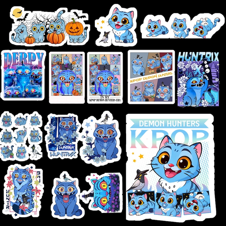 May include: A collection of blue cat-themed stickers with various designs. Some stickers feature cats with pumpkins, bats, and moons, while others have text like "DERPY" and "KPOP DEMON HUNTERS." The stickers are colorful and cartoonish.