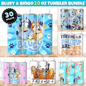 Ponad 30 niebieskich i brązowych wzorów psów, 20-uncjowy zestaw kubków Skinny Bluey Dog, kubek z kreskówkową grafiką PNG, 20-uncjowe niebieskie kubki, natychmiastowe pobranie