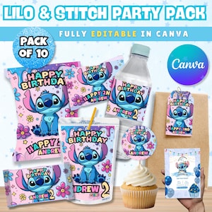 10 Stitch Party favor bundle | Lilo and Stitch Party Favors | Stitch Birthday Decor | Water Bottle Label | Chip bag | Cake Topper Label