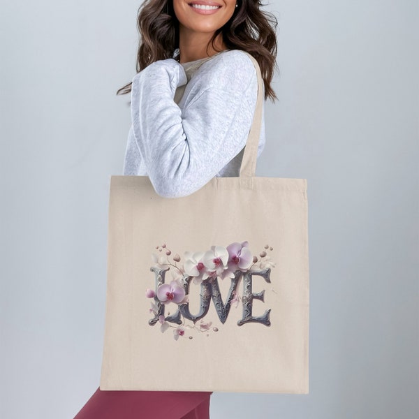 Floral Love Script Tote Bag, Elegant White and Pink Orchid Design, Wedding Favor, Romantic Gift Idea, Reusable Grocery Bag