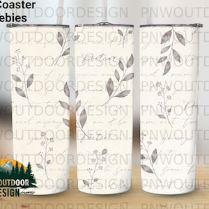 May include: Three tall, cylindrical car coasters with a floral design. The coasters feature a cream-colored background with gray botanical illustrations and script-style text. The design includes leaves and small flowers.