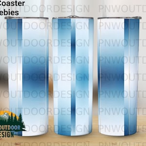 May include: Three tall, cylindrical car coasters with a blue and white striped design. The coasters have a gradient effect, transitioning from white to blue. The text "Car Coaster Freebies" is at the top.