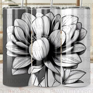 20 oz Tumbler Sublimation Wrap, Black and White Flower, Digital Download, Straight Tapered Design, Floral Tumbler Design, Floral Design